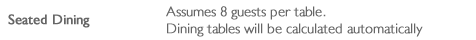 Seated Dining - Assumes 8 guests per table.  Dining tables will be calculated automatically.